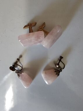 Rose Quartz Vintage Jewelry Set - Pink Stone Cufflinks & Screw Back Earrings